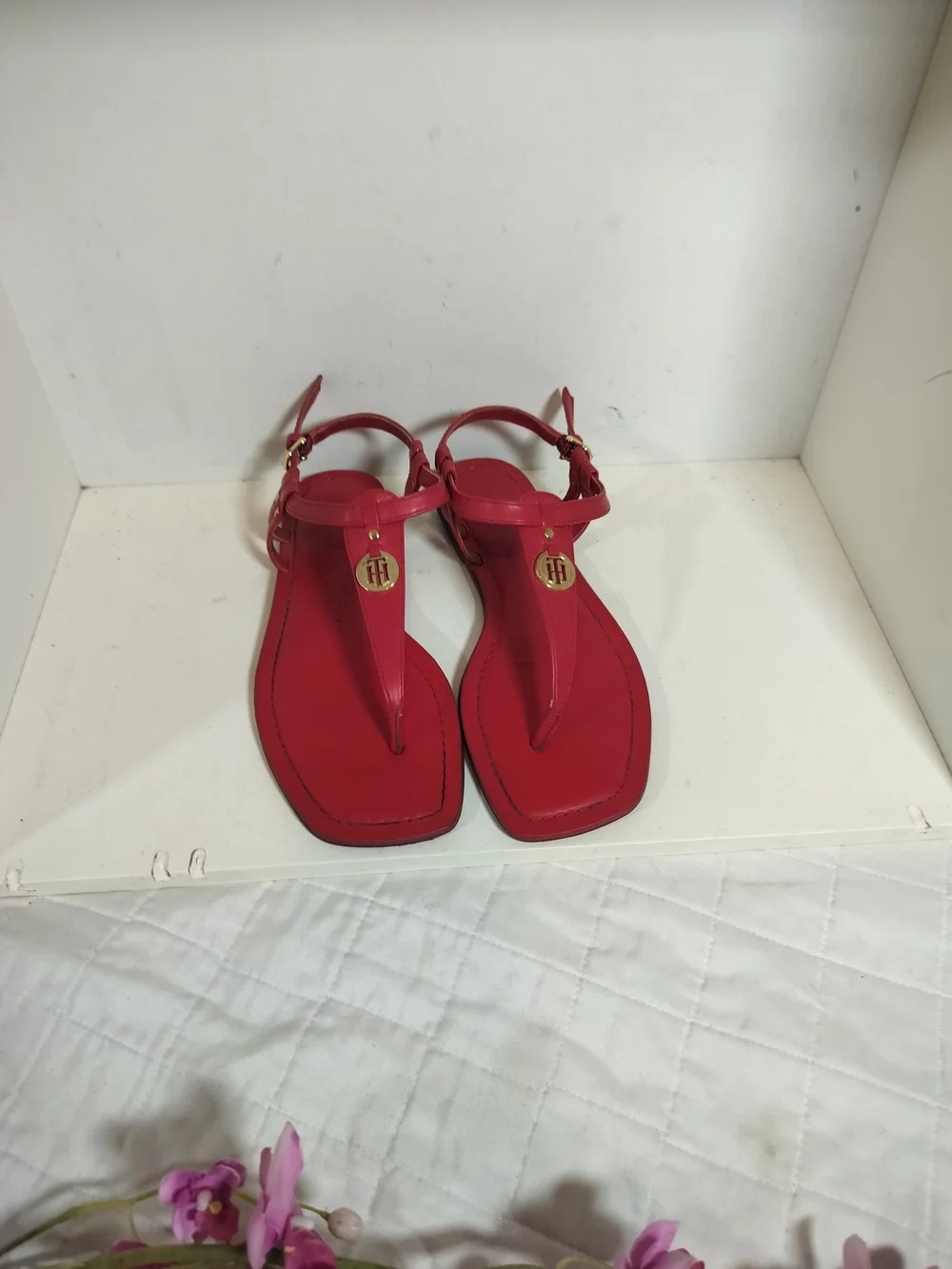 Tommy Hilfiger Red T-Strap Leather Sandals